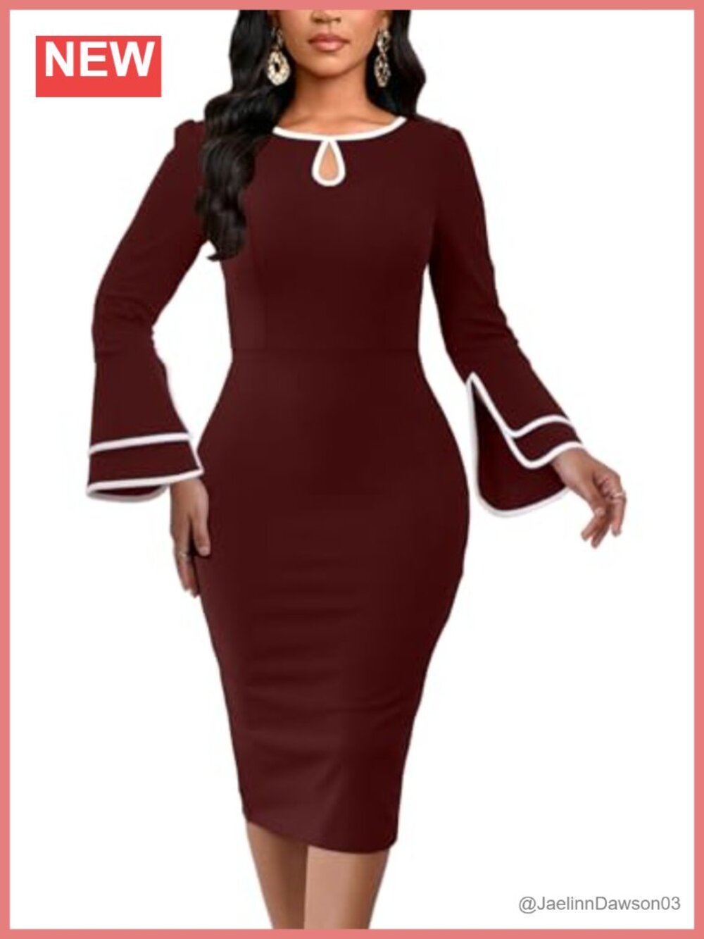ZonJie Women's Bodycon Pencil Dress Bell Sleeves Keyhole Neckline Work Cocktail